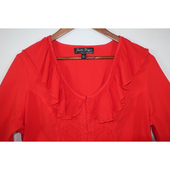 Gretty Zueger Red Ruffle Collar Button Down Shirt 100% Cotton Top Boho Size XL - Picture 4 of 9
